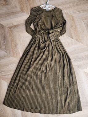 Gorgeous Full Length Olive Green Long Sleeve Maxi Dress with Waist Tie